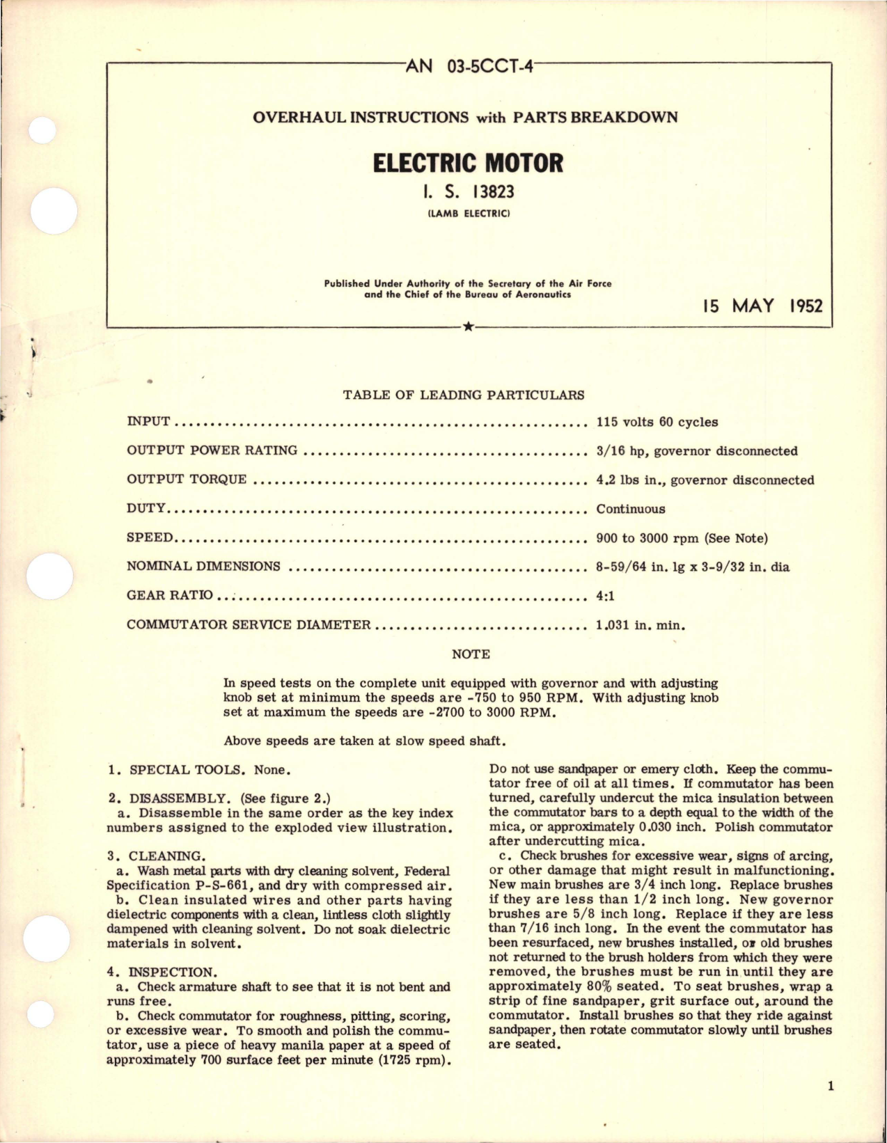 Sample page 1 from AirCorps Library document: Overhaul Instructions with Parts Breakdown for Electric Motor - Model IS 13823