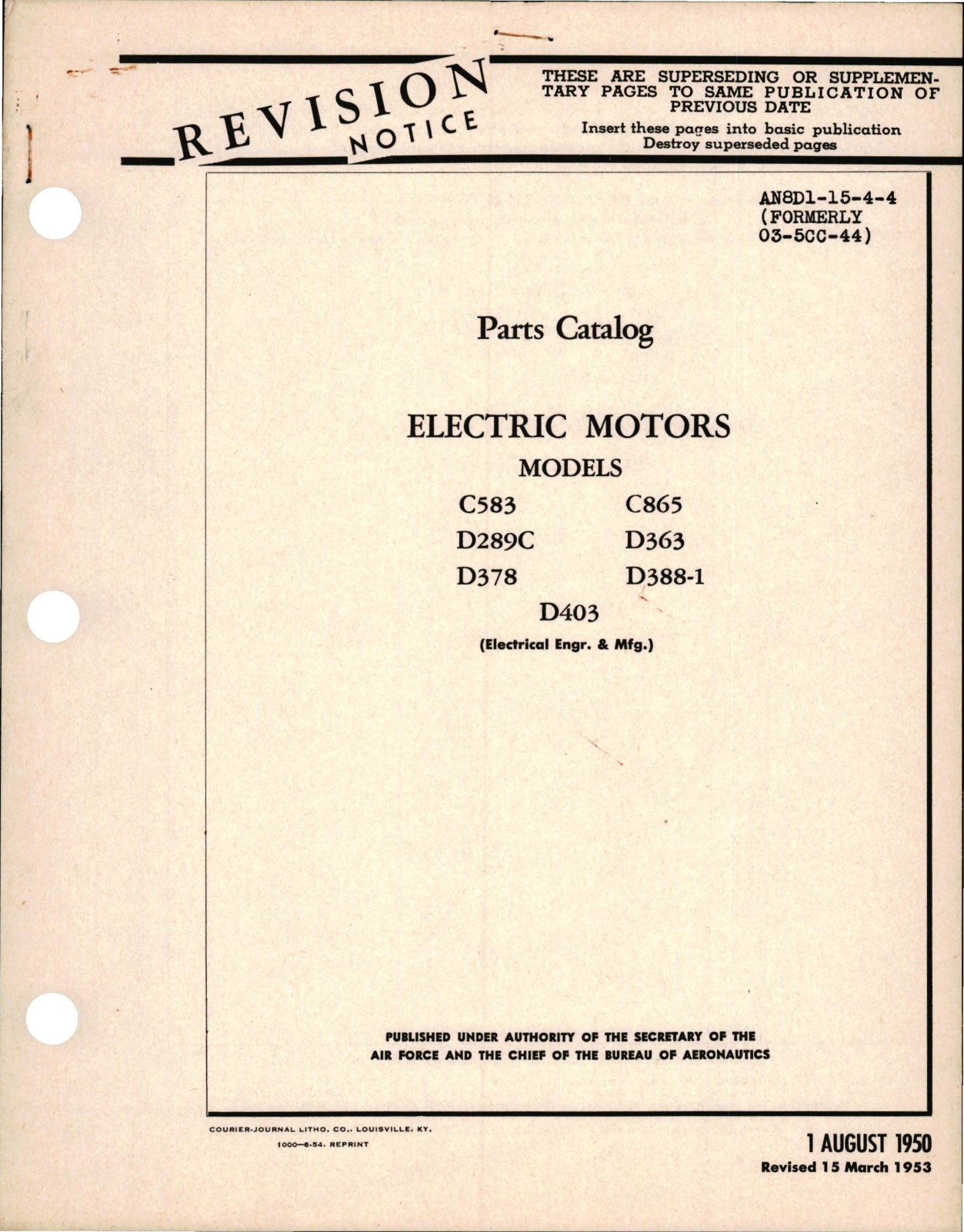 Sample page 1 from AirCorps Library document: Parts Catalog for Electric Motors - Models C583, C865, D289C, D363, D378, D388-1, and D403 