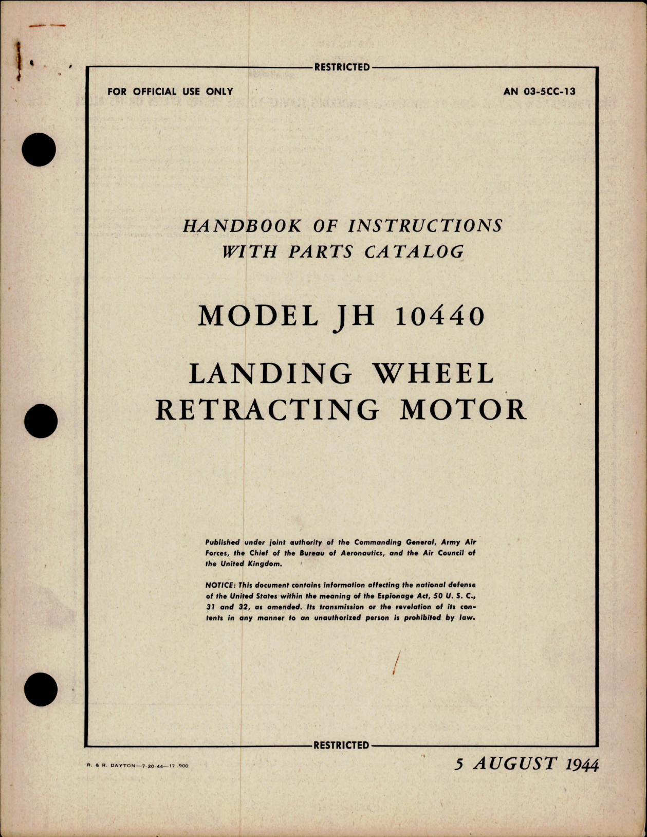 Sample page 7 from AirCorps Library document: Operation, Service, Overhaul Instructions with Parts Catalog for Landing Wheel Retracting Motor - Model JH I0440 