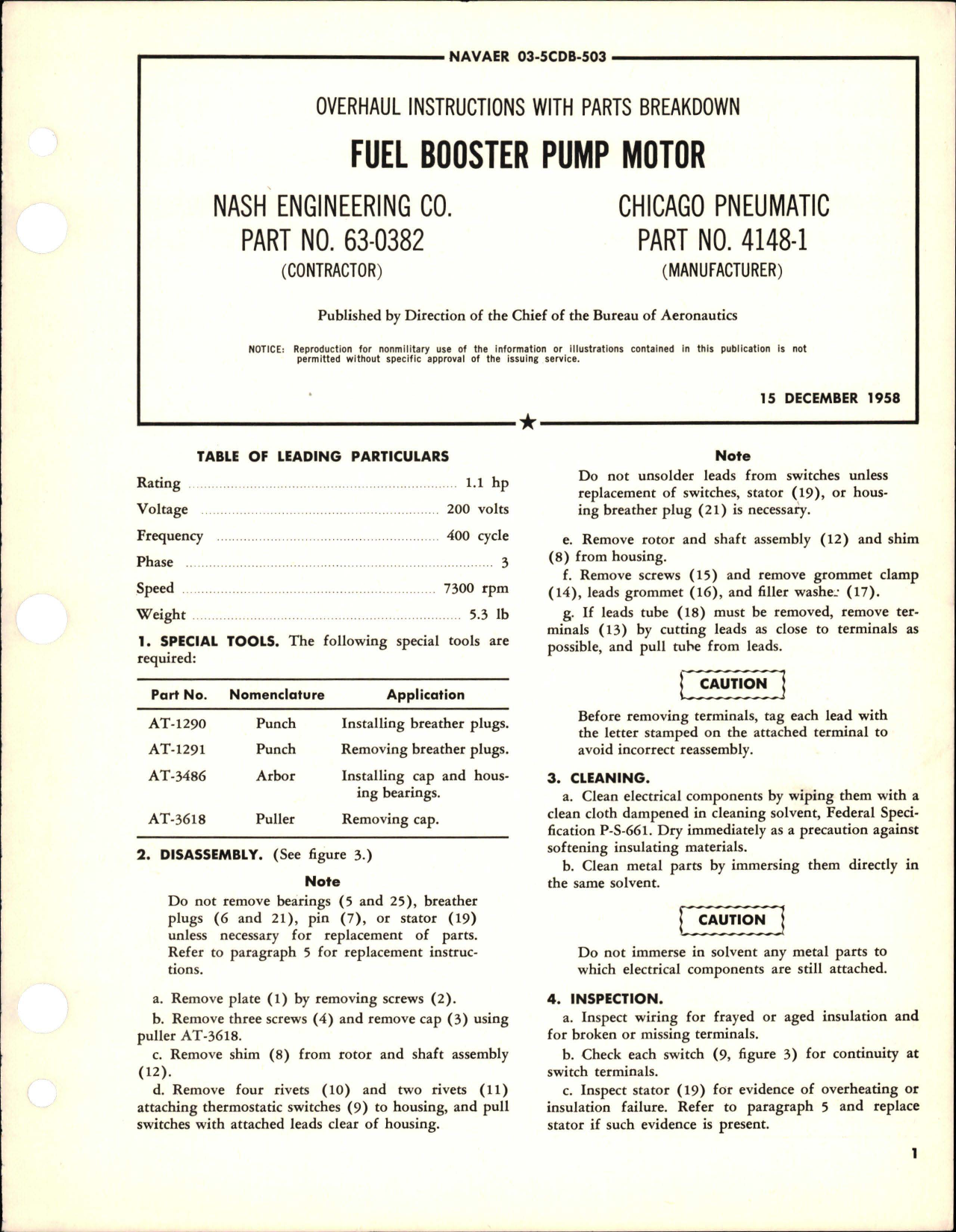 Sample page 1 from AirCorps Library document: Overhaul Instructions with Parts for Fuel Booster Pump Motor 