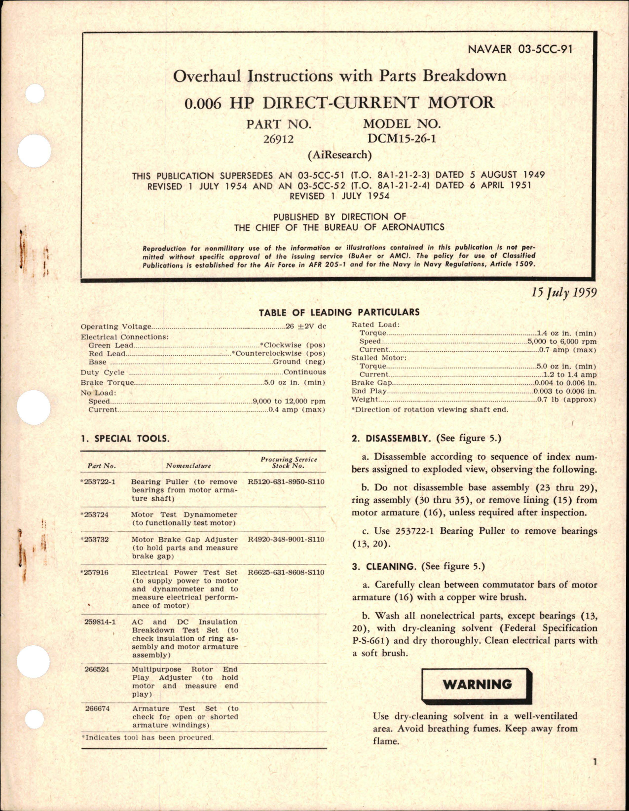 Sample page 1 from AirCorps Library document: Overhaul Instructions with Parts Breakdown for Direct Current Motor - .006 HP - Part 26912 - Model DCM15-26-1