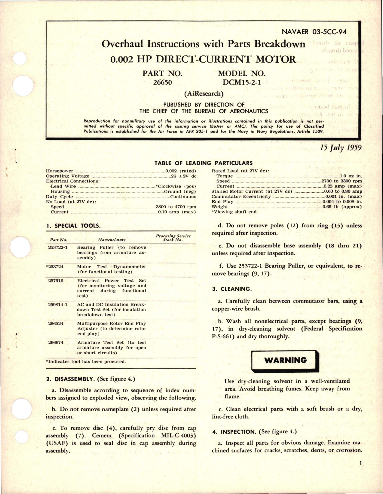 Sample page 1 from AirCorps Library document: Overhaul Instructions with Parts Preakdown for Direct Current Motor - 0.002 HP - Part 26650 - Model DCM15-2-1