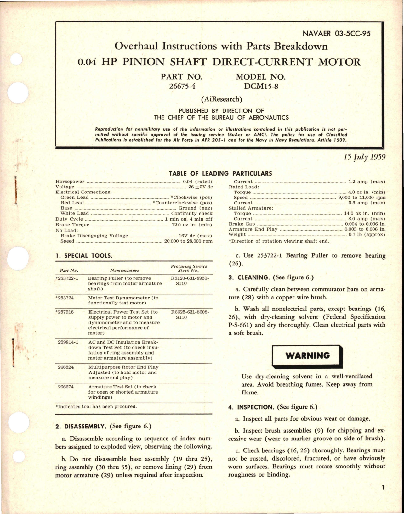 Sample page 1 from AirCorps Library document: Overhaul Instructions with Parts Breakdown for Pinion Shaft Direct Current Motor - 0.04 HP - Part 26675-4 - Model DCM15-8