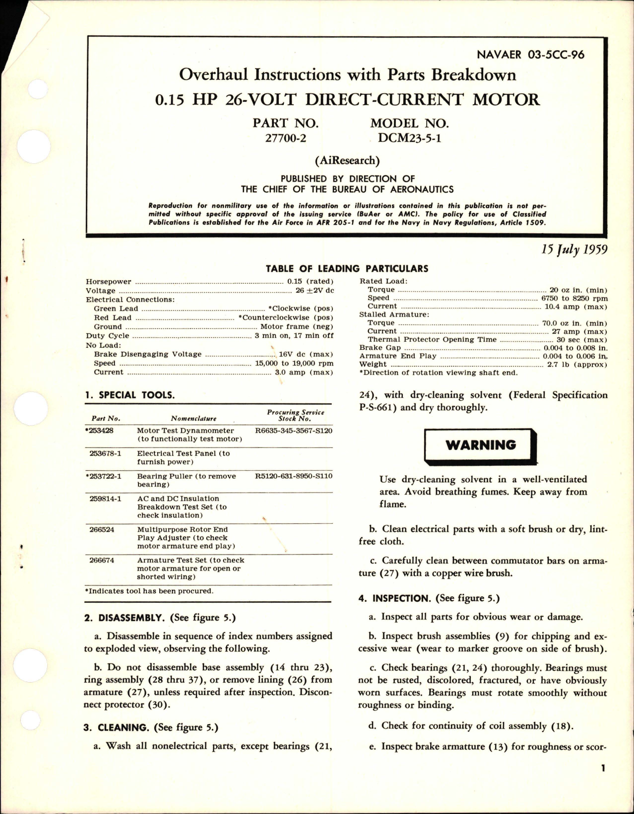 Sample page 1 from AirCorps Library document: Overhaul Instruction with Parts Breakdown for Direct Current Motor - 0.15 HP - 26 Volt - Part 27700-2 - Model DCM23-5-1