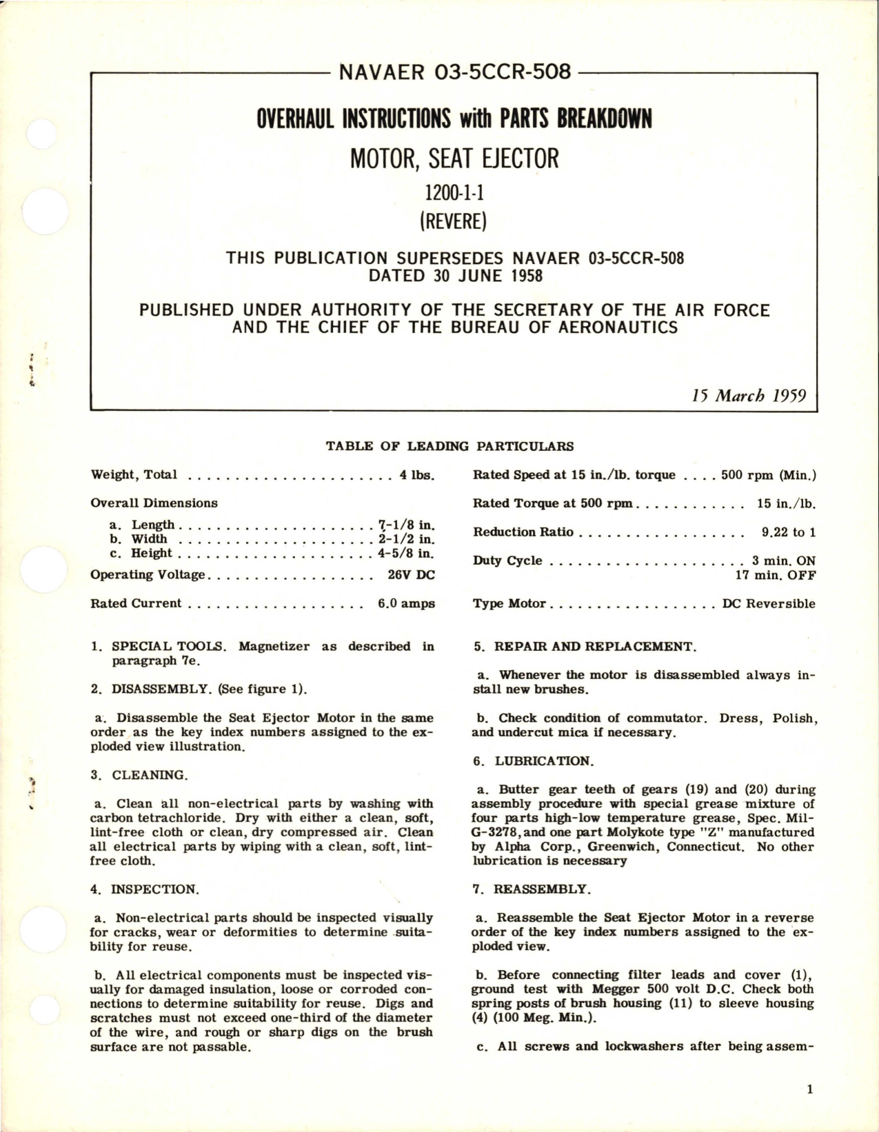 Sample page 1 from AirCorps Library document: Overhaul Instructions with Parts Breakdown for Seat Ejector Motor - 1200-1-1