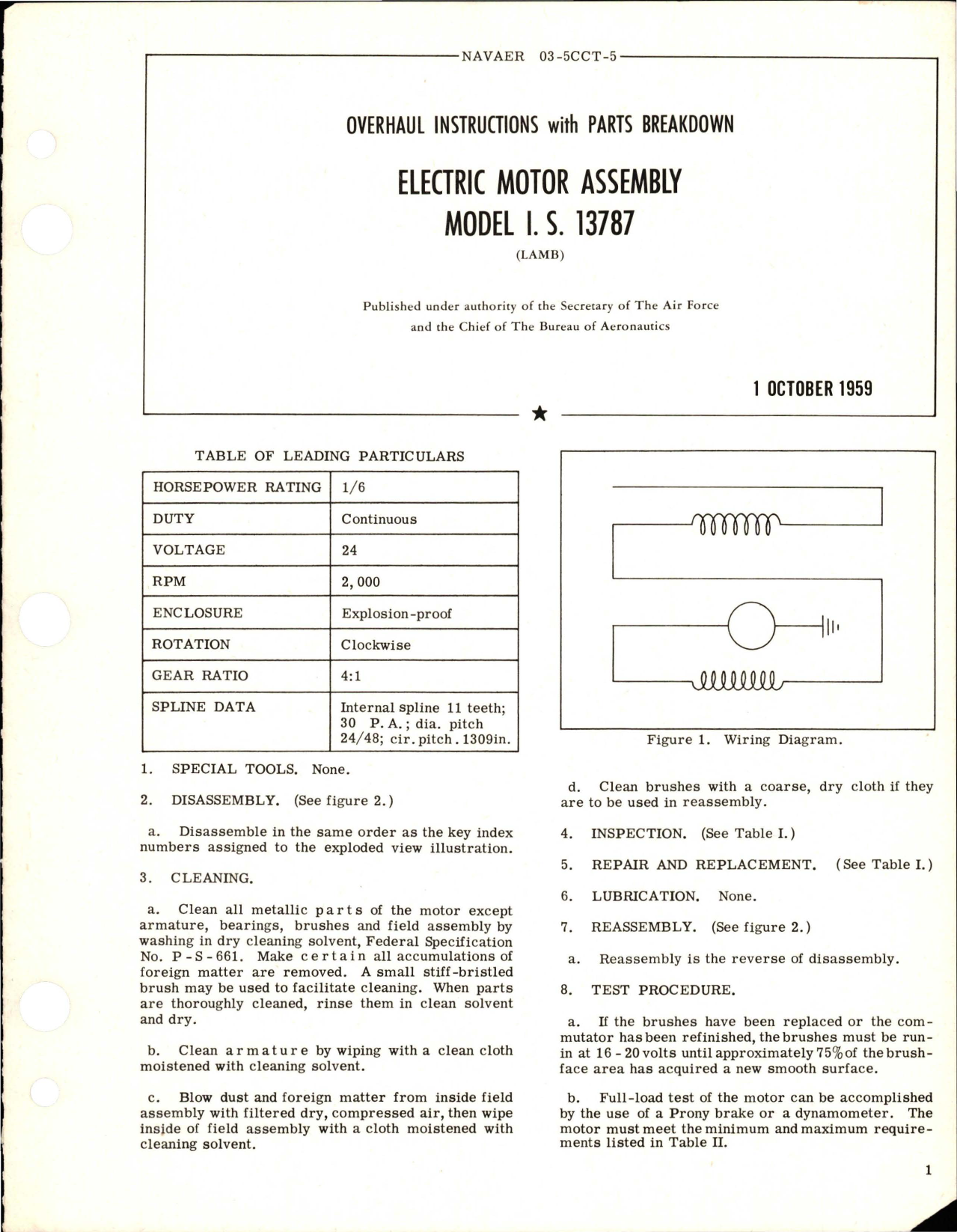 Sample page 1 from AirCorps Library document: Overhaul Instructions with Parts Breakdown for Electric Motor Assembly - Model I.S. 13787 