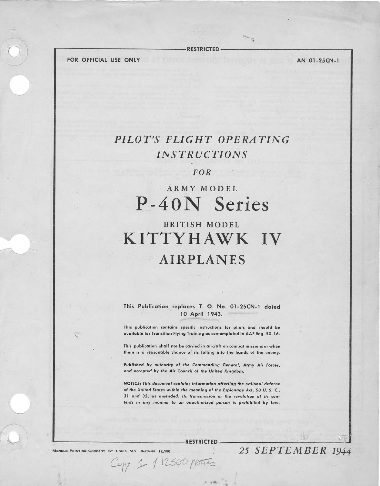 Sample page 1 from AirCorps Library document: Pilot's Flight Operating Instructions for P-40N Series - Kittyhawk IV