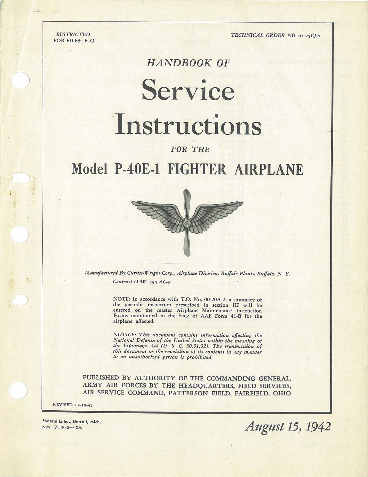 Sample page 1 from AirCorps Library document: Service Instructions for P-40E-1 Fighter