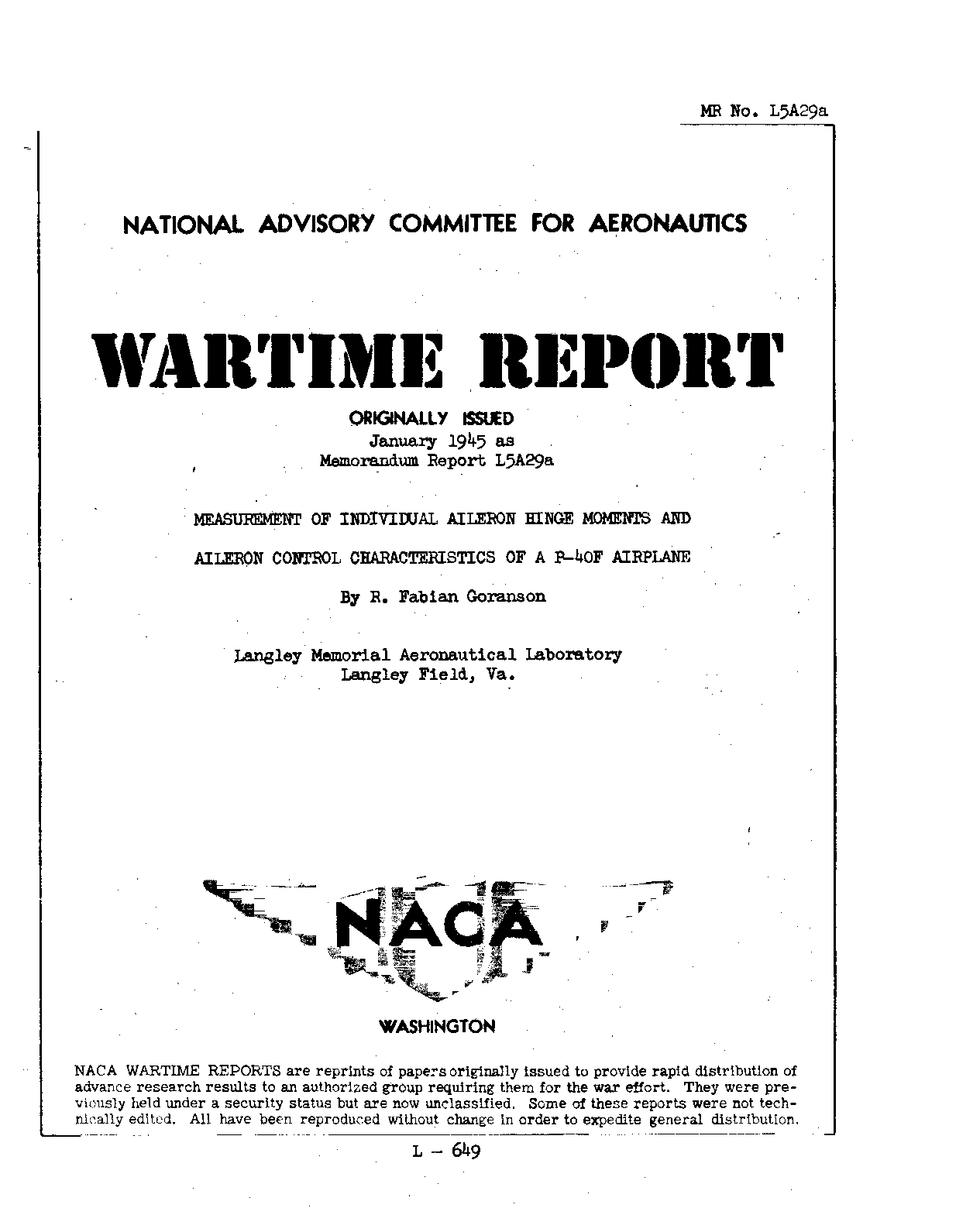 Sample page 1 from AirCorps Library document: Wartime Report for the Measurement of Aileron Hinge Moments and Aileron Control Characteristics of the P-40F