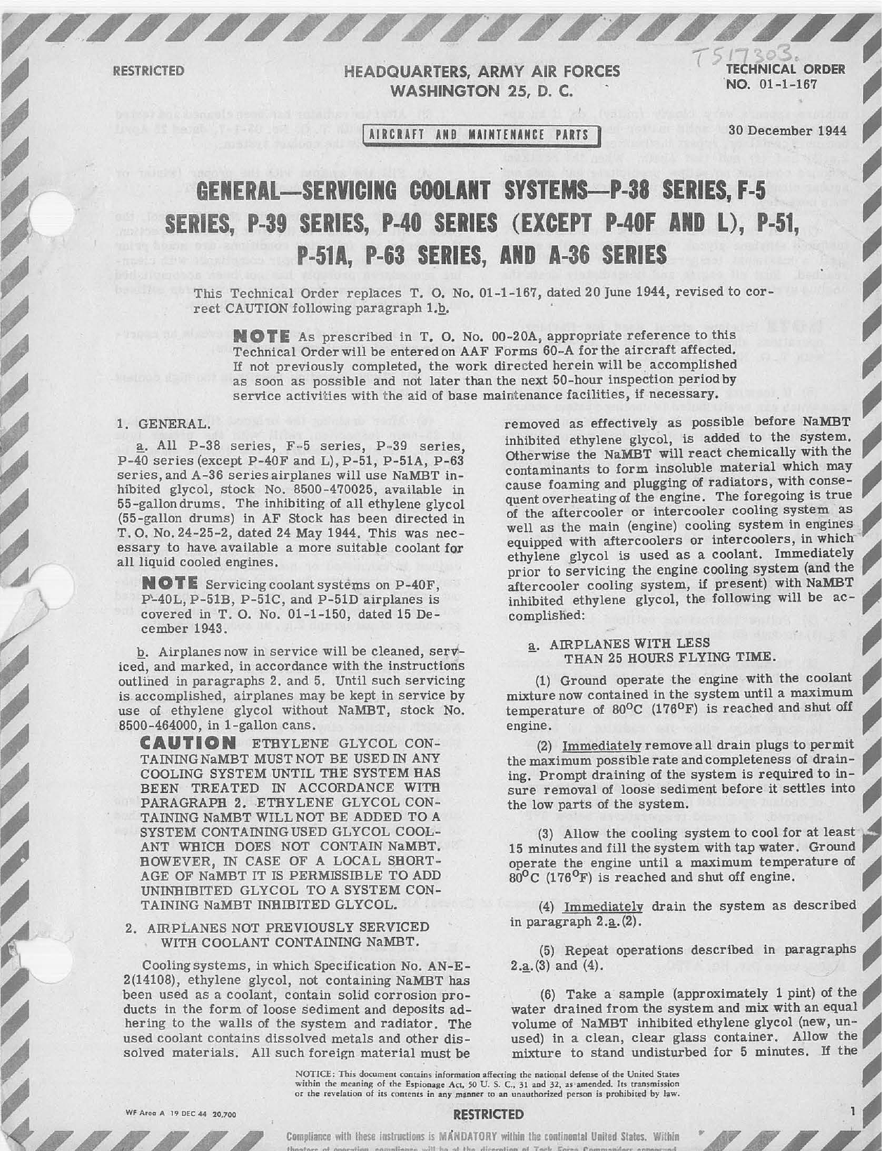 Sample page 1 from AirCorps Library document: General Servicing Coolant Systems for P-38, F-5, P-39, P-40 (except F and L), P-51, P-51A, P-63 and A-36