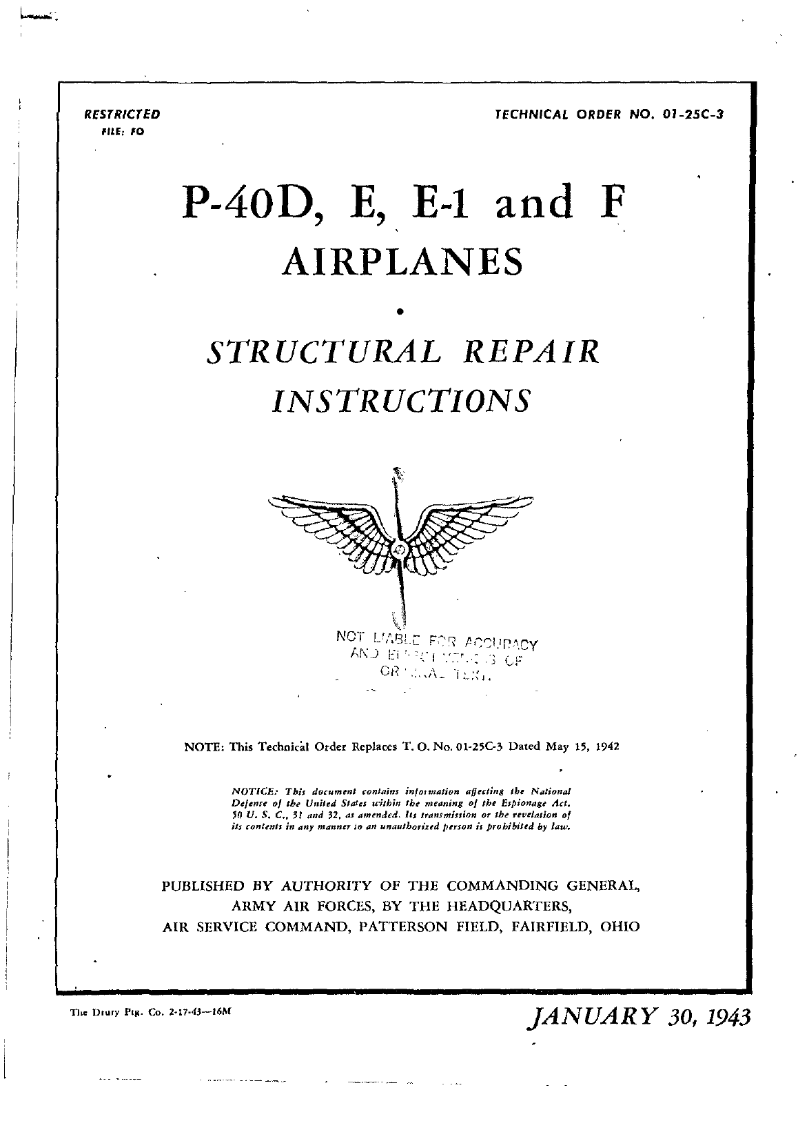 Sample page 1 from AirCorps Library document: Structural Repair Instructions for P-40D, P-40E, P-40E-1 and P-40F