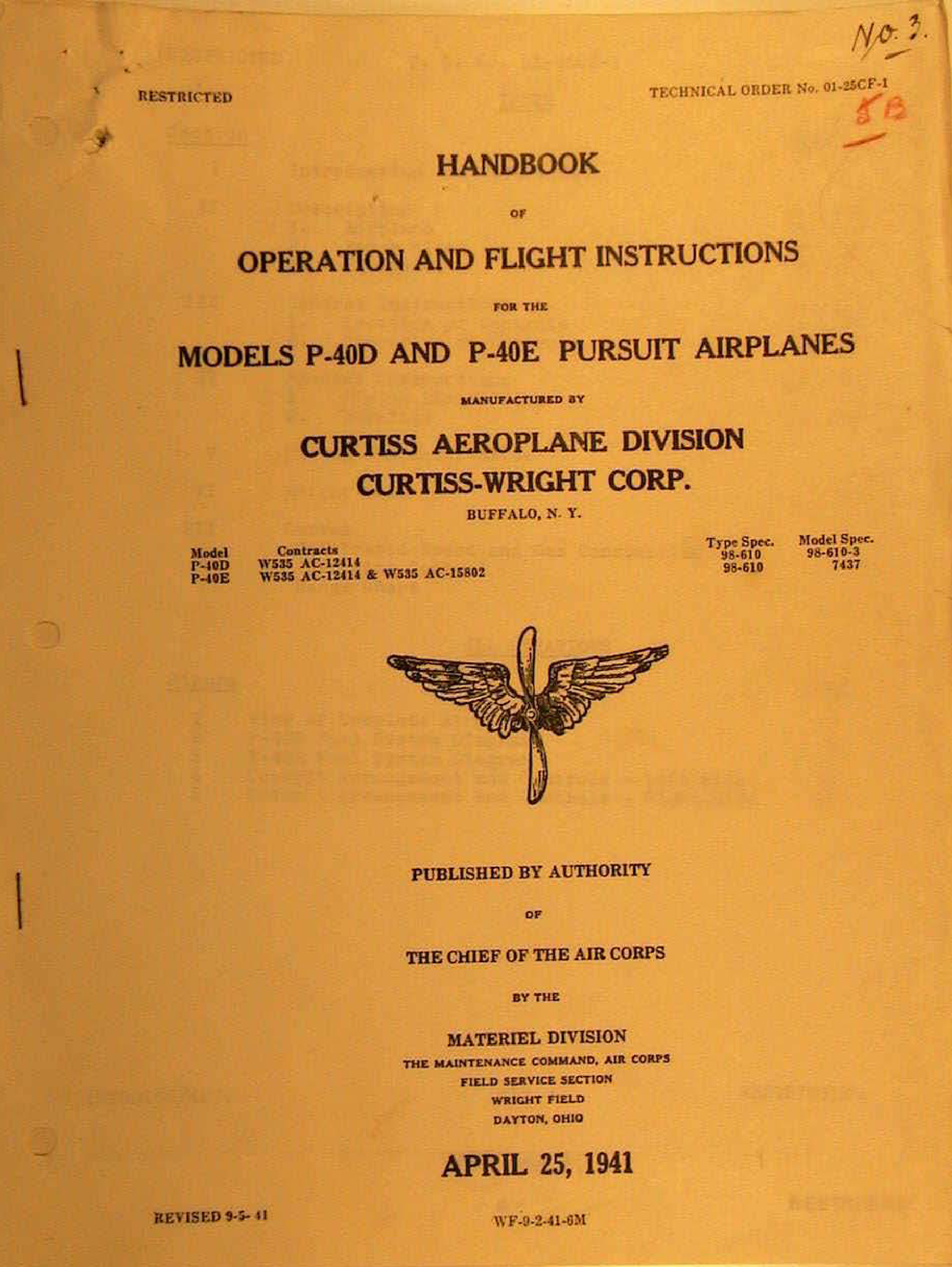 Sample page 1 from AirCorps Library document: Operation and Flight Instructions for P-40D and P-40E