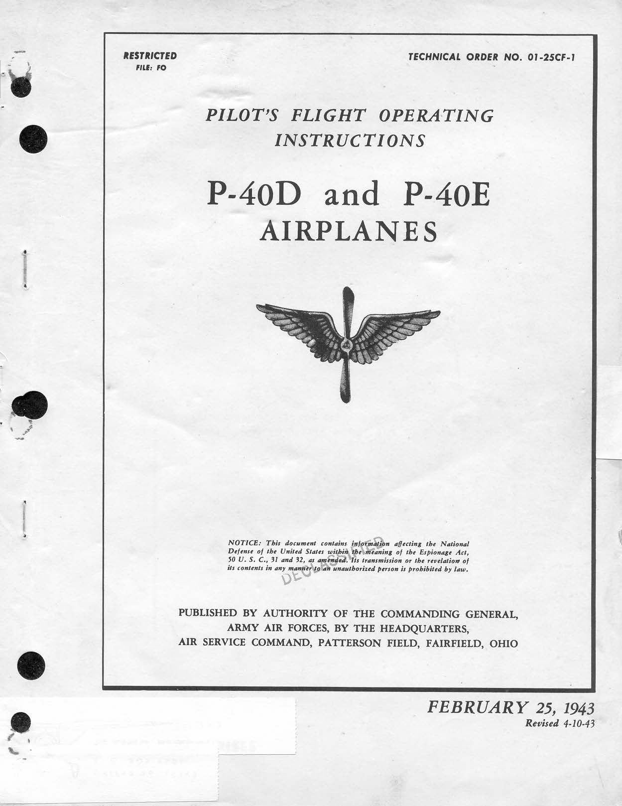 Sample page 1 from AirCorps Library document: Pilot's Flight Operating Instructions for P-40D and P-40E