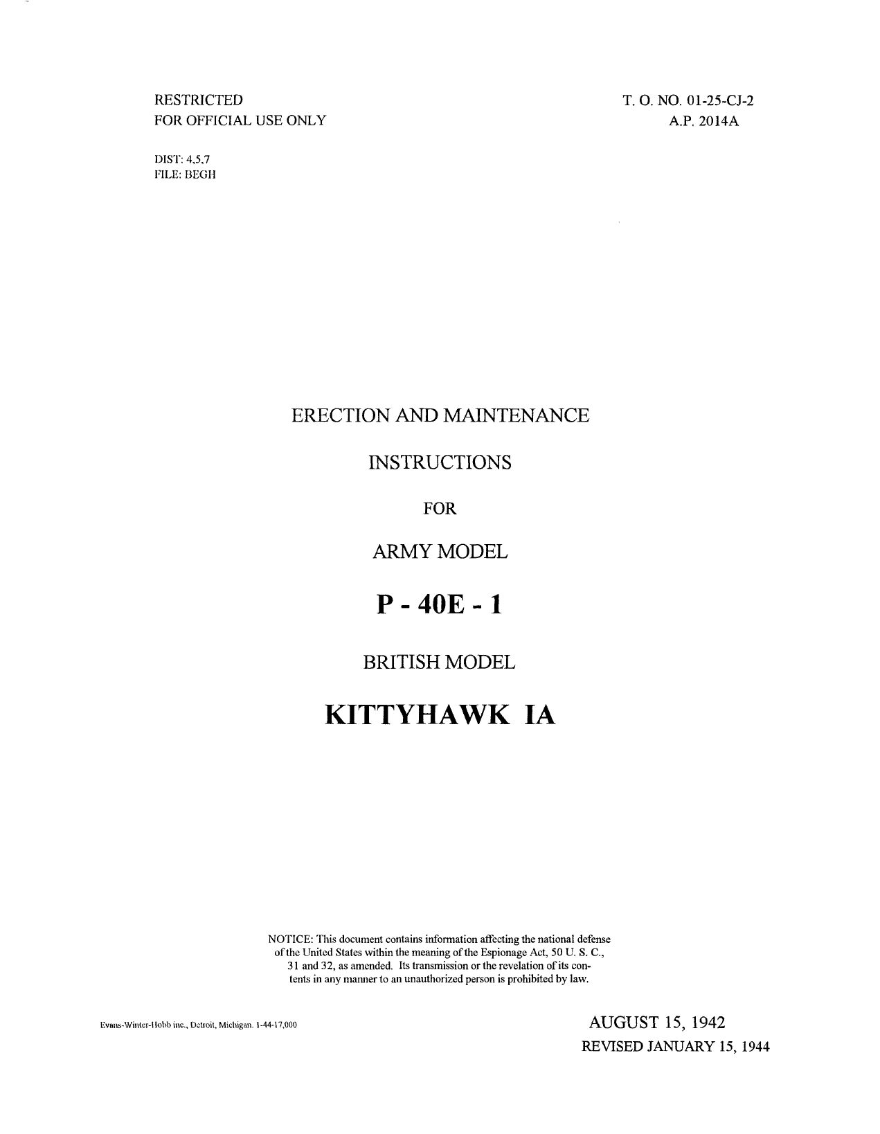 Sample page 1 from AirCorps Library document: Erection and Maintenance Instructions for P-40E-1 - Kittyhawk IA