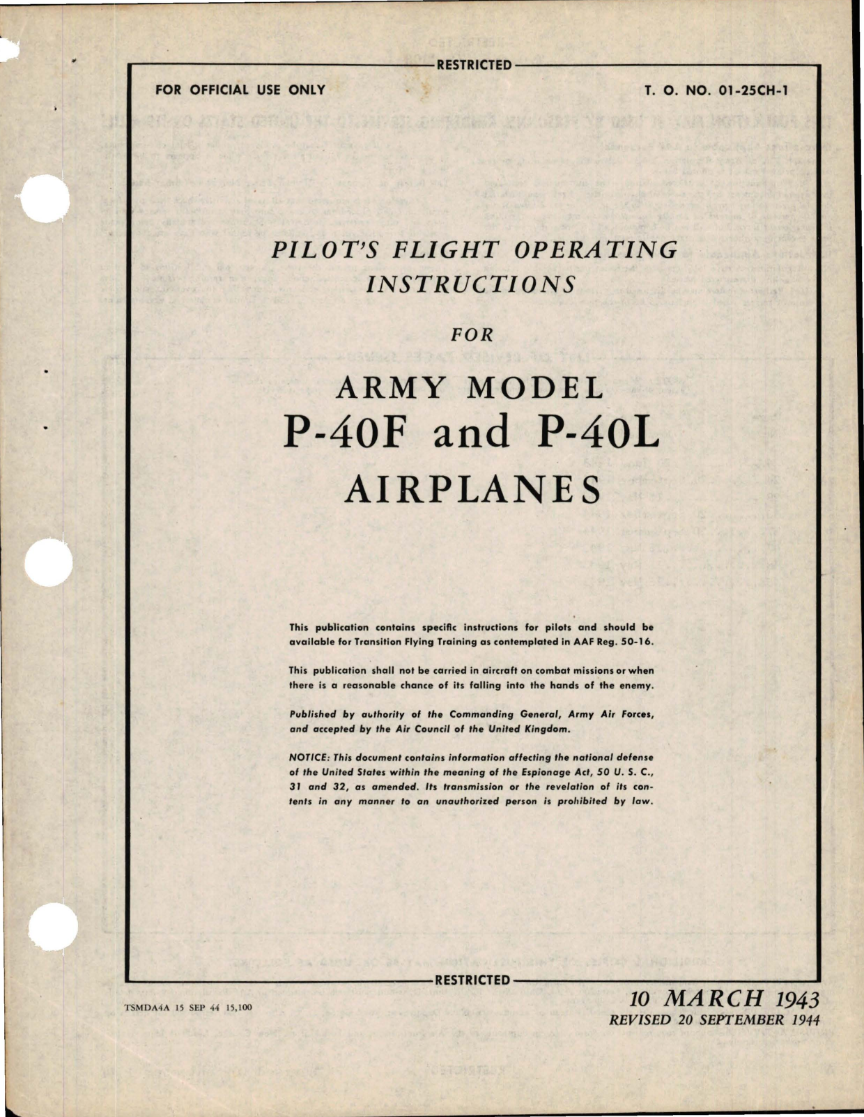 Sample page 1 from AirCorps Library document: Pilot's Flight Operating Instructions for P-40F and P-40L