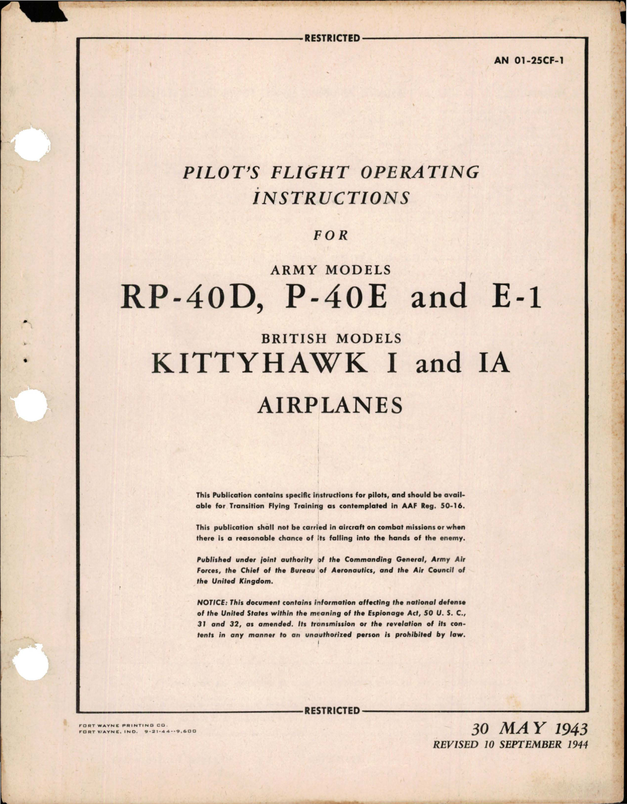 Sample page 1 from AirCorps Library document: Pilot's Flight Operating Instructions for P-40D, P-40E, P-40E-1, Kittyhawk I, and Kittyhawk IA