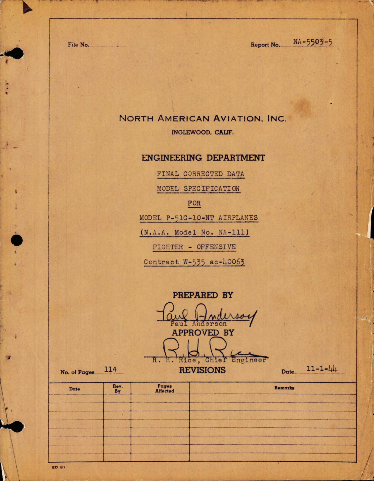 Sample page 1 from AirCorps Library document: Final Corrected Data Model Specification for P-51C-10-NT