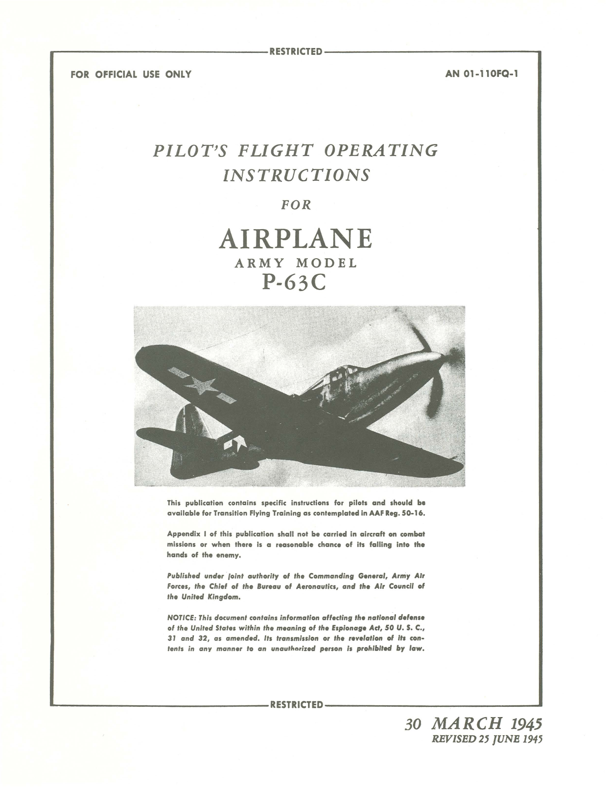 Sample page 1 from AirCorps Library document: Pilot's Flight Operating Instructions for P-63C