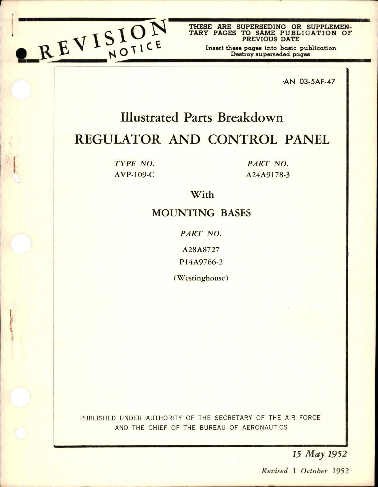 Sample page 1 from AirCorps Library document: Illustrated Parts Breakdown for Regulator and Control Panel - Type AVP-109C - with Mounting Bases 