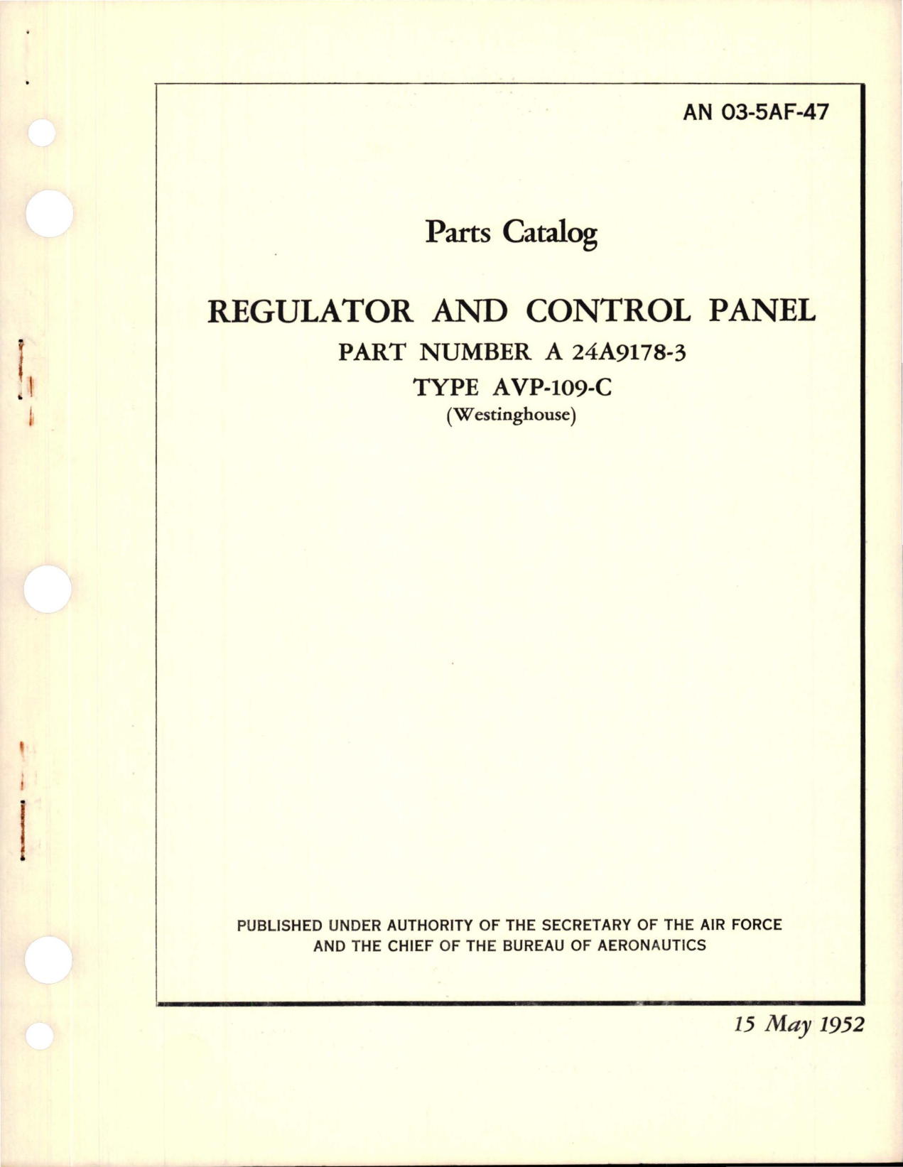 Sample page 1 from AirCorps Library document: Parts Catalog for Regulator and Control Panel - Part A24A9178-3 - Type AVP-109-C