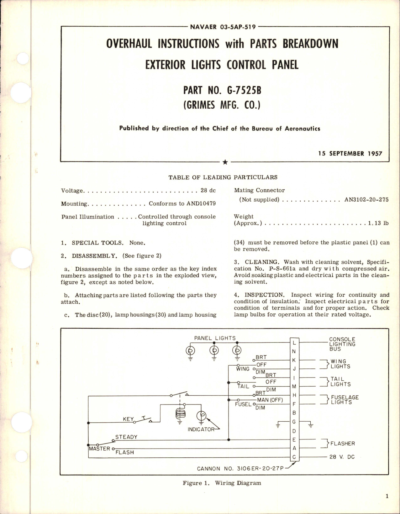 Sample page 1 from AirCorps Library document: Overhaul Instructions with Parts Breakdown for Exterior Lights Control Panel - Part G-7525B