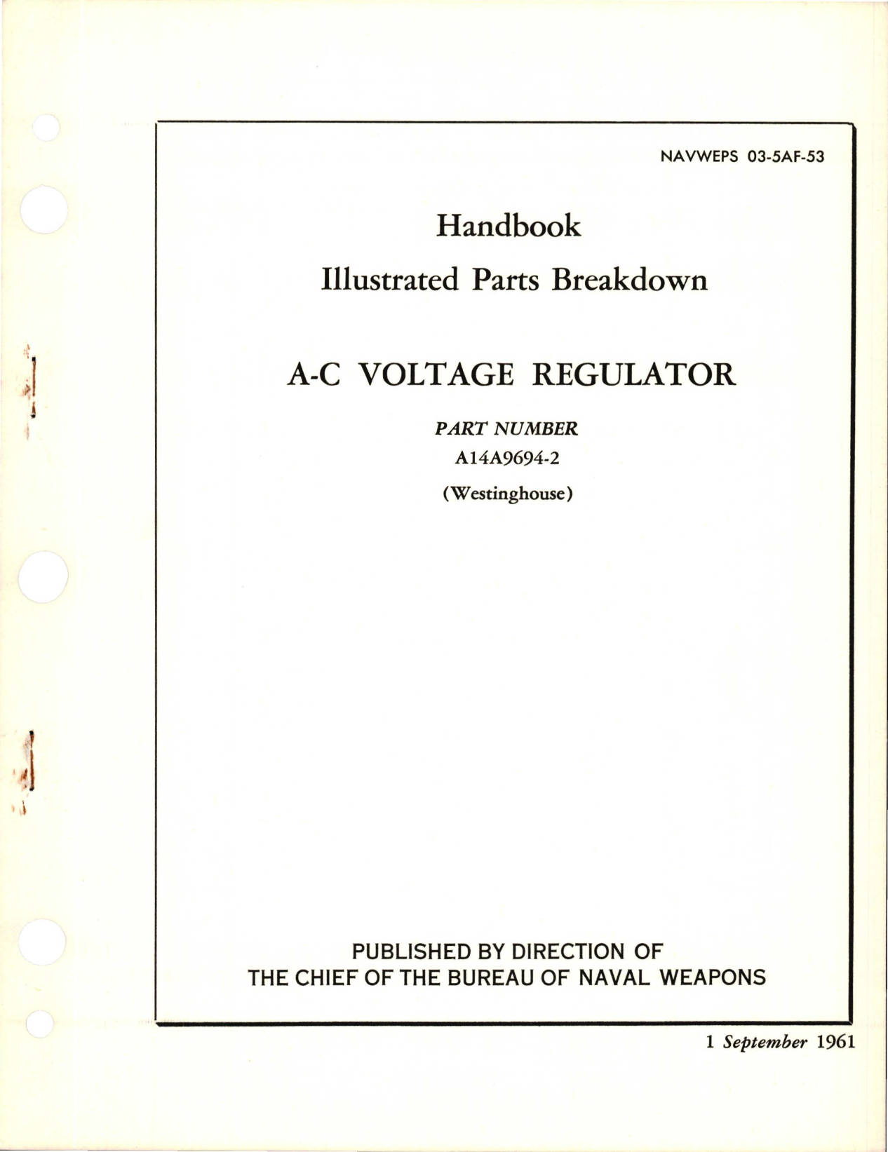 Sample page 1 from AirCorps Library document: Illustrated Parts Breakdown for AC Voltage Regulator - Part A14A9694-2