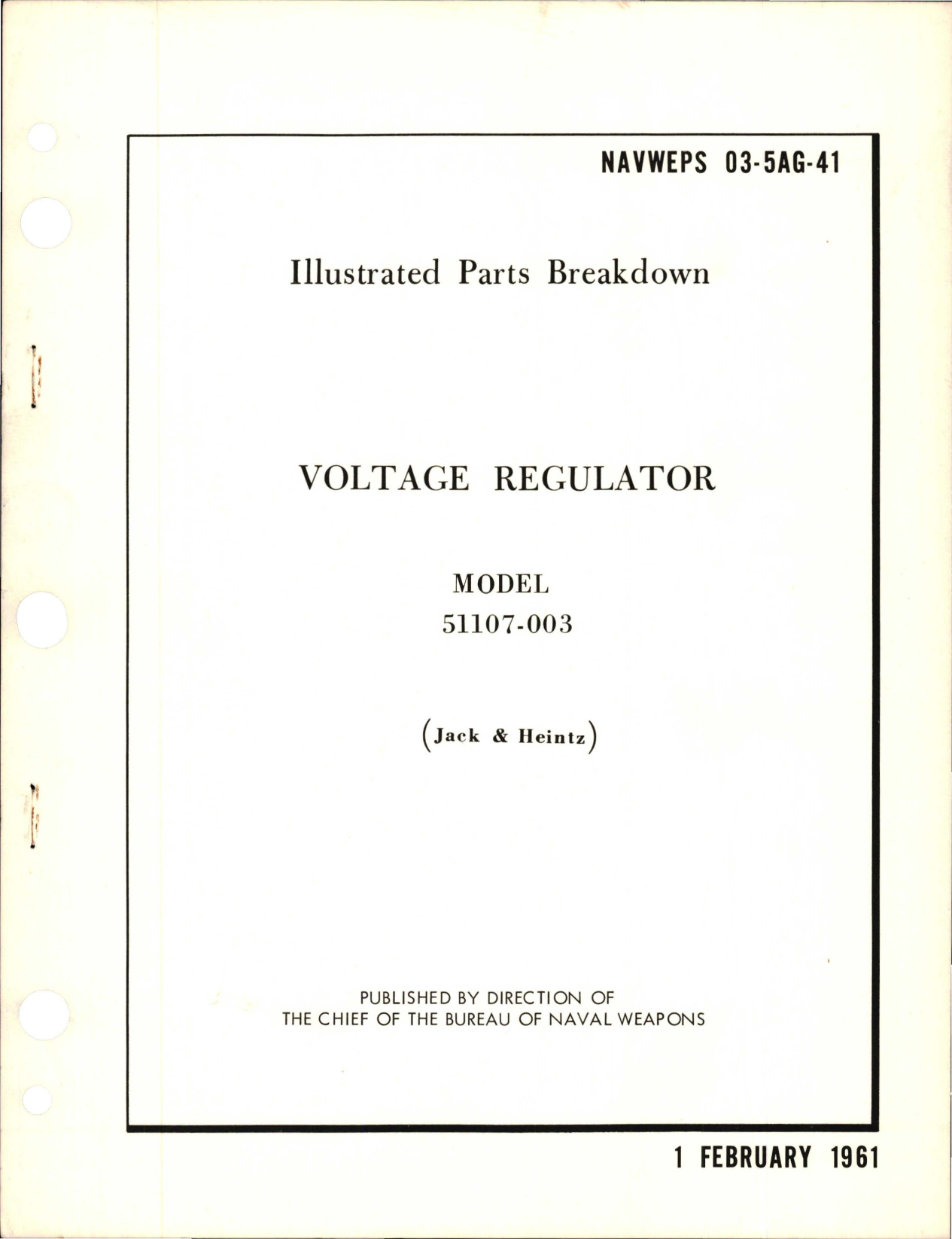 Sample page 1 from AirCorps Library document: Illustrated Parts Breakdown for Voltage Regulator - Model 51107-003