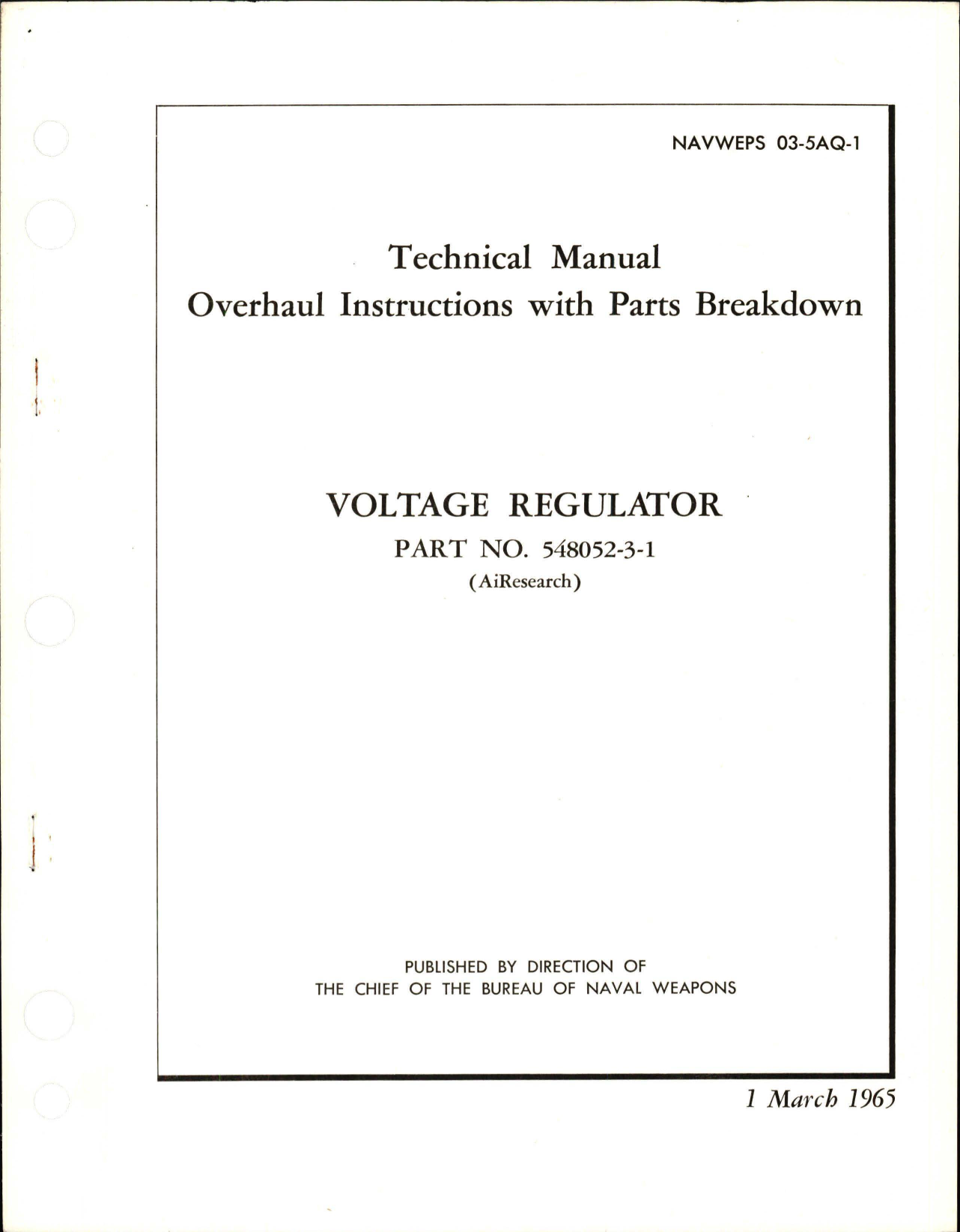 Sample page 1 from AirCorps Library document: Overhaul Instructions with Parts Breakdown for Voltage Regulator - Part 548052-3-1