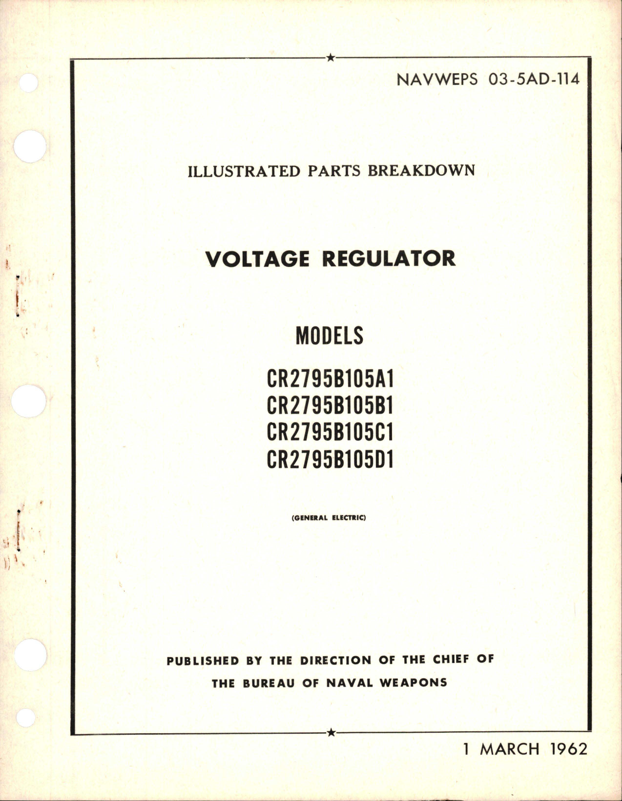 Sample page 1 from AirCorps Library document: Illustrated Parts Breakdown for Voltage Regulator - Models CR2795B105A1, CR2795B105B1, CR2795B105C1, and CR2795B105D1
