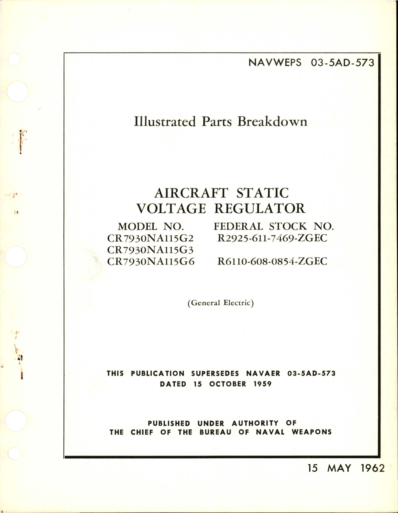 Sample page 1 from AirCorps Library document: Illustrated Parts Breakdown for Aircraft Static Voltage Regulator - Models CR7930NA115G2, CR7930NA115G3, and CR7930NA115G6 