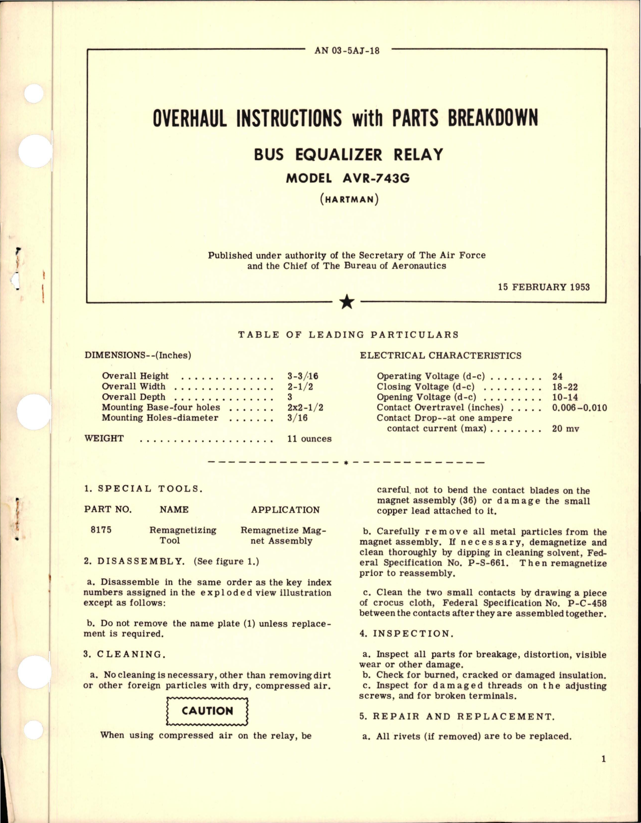 Sample page 1 from AirCorps Library document: Overhaul Instructions with Parts Breakdown for BUS Equalizer Relay - Model AVR-743G 