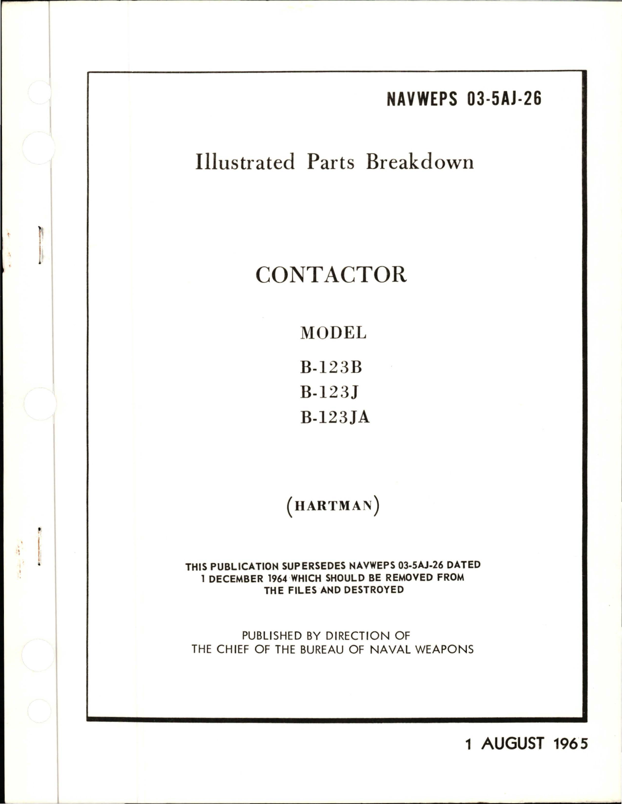 Sample page 1 from AirCorps Library document: Illustrated Parts Breakdown for Contactor - Models B-123B, B-123J, and B-123JA 