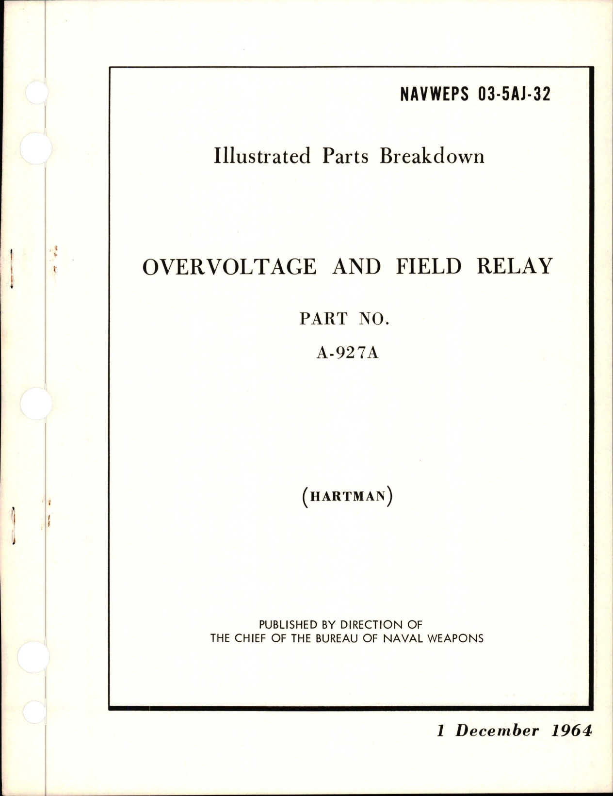 Sample page 1 from AirCorps Library document: Illustrated Parts Breakdown for Overvoltage and Field Relay - Part A-927A