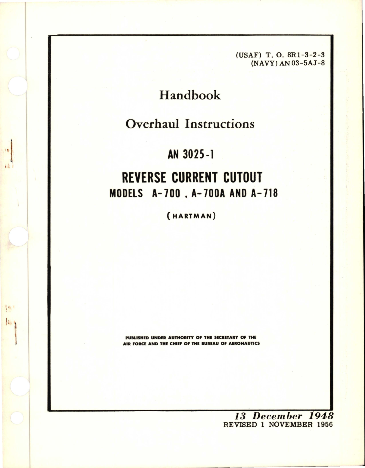 Sample page 1 from AirCorps Library document: Overhaul Instructions for Reverse Current Cutout - AN 3025-1 - Models A-700, A-700A, and A-718 