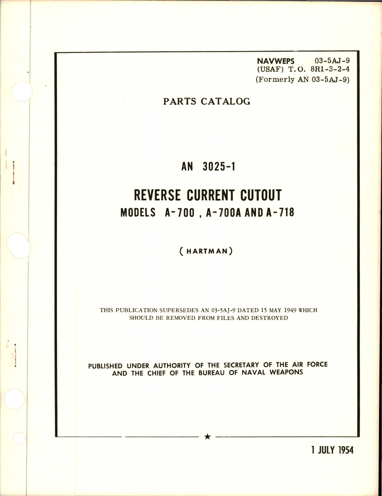 Sample page 1 from AirCorps Library document: Parts Catalog for Reverse Current Cutout - AN 3025-1 - Models A-700, A-700A, and A-718 