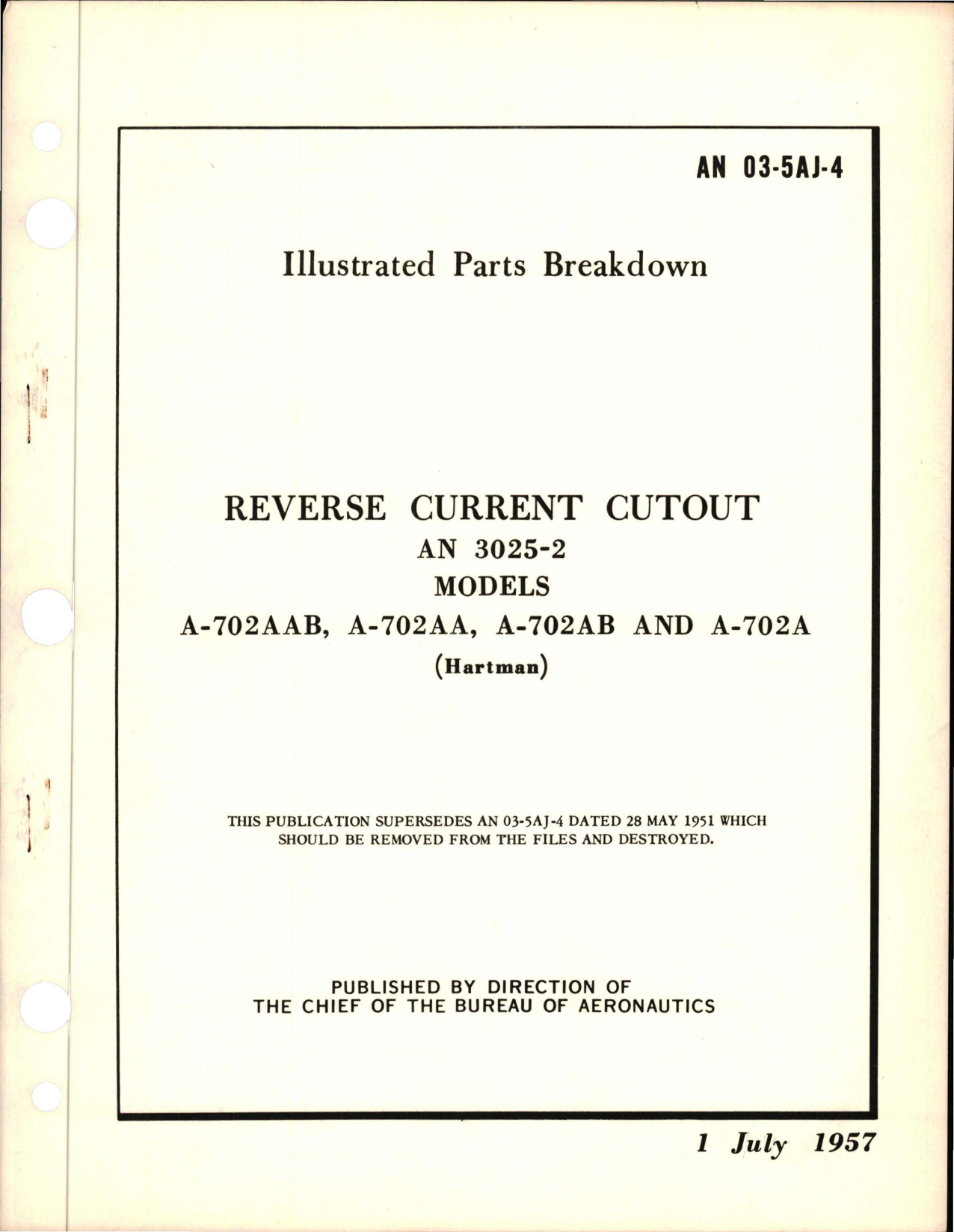 Sample page 1 from AirCorps Library document: Illustrated Parts Breakdown for Reverse Current Cutout - AN 3025-2 - Models A-702AAB, A-702AA, A-702AB, and A-702A