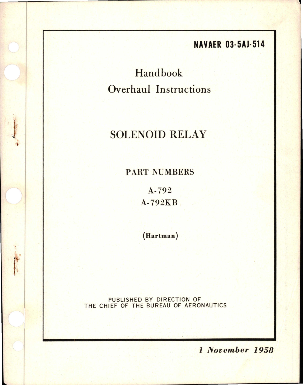 Sample page 1 from AirCorps Library document: Overhaul Instructions for Solenoid Relay - Parts A-792 and A-792KB