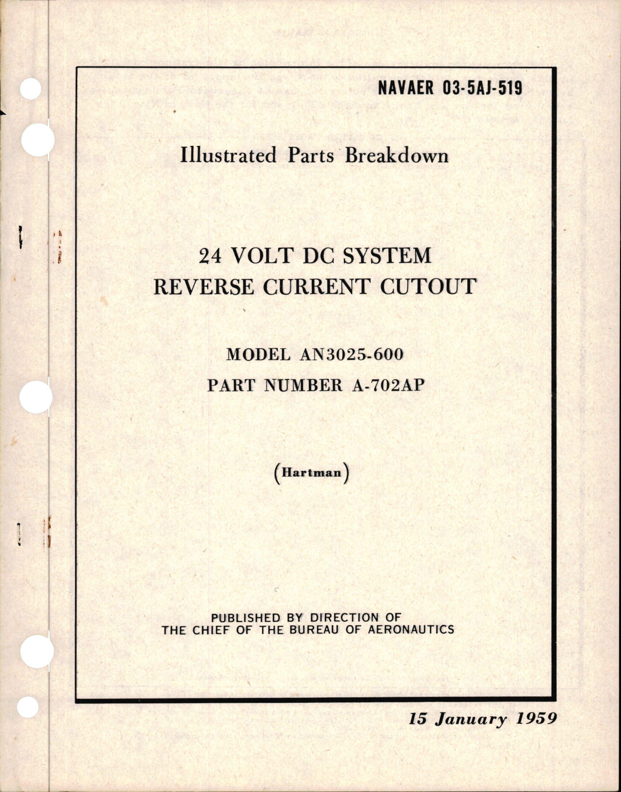 Sample page 1 from AirCorps Library document: Illustrated Parts Breakdown for Reverse Current Cutout - 24 Volt DC System - Model AN3025-600 - Part A-702AP