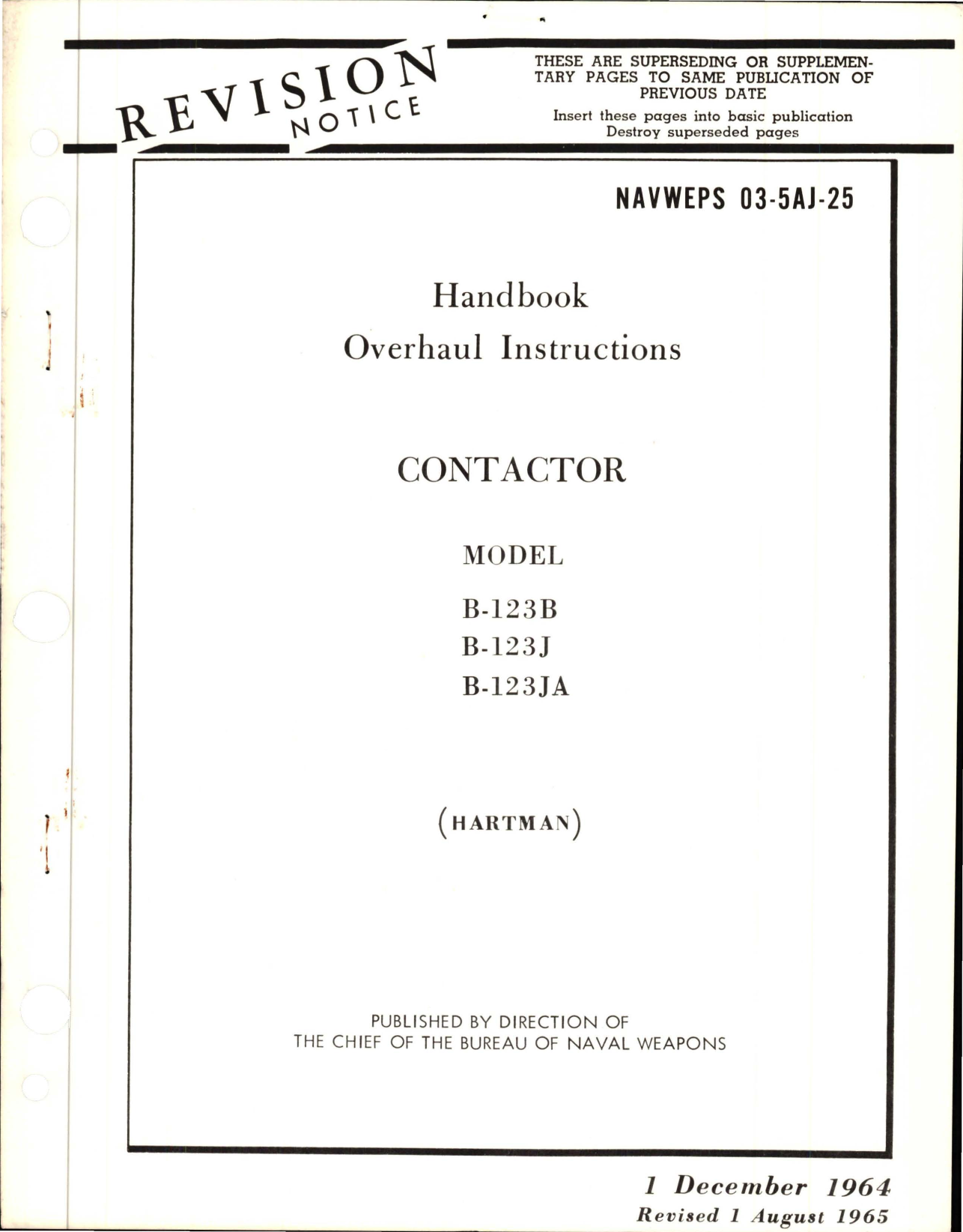 Sample page 1 from AirCorps Library document: Revision to Overhaul Instructions for Contactor - Model B-12B, B-123J, and B-123JA
