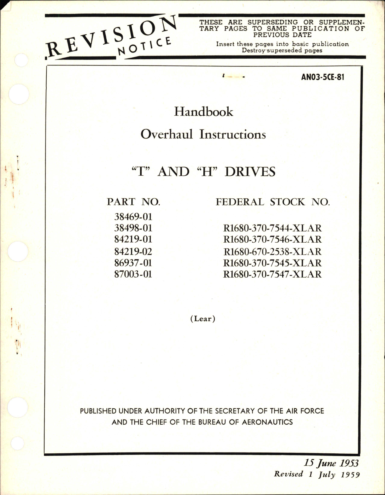 Sample page 1 from AirCorps Library document: Revision to Overhaul Instructions for T and H Drives 