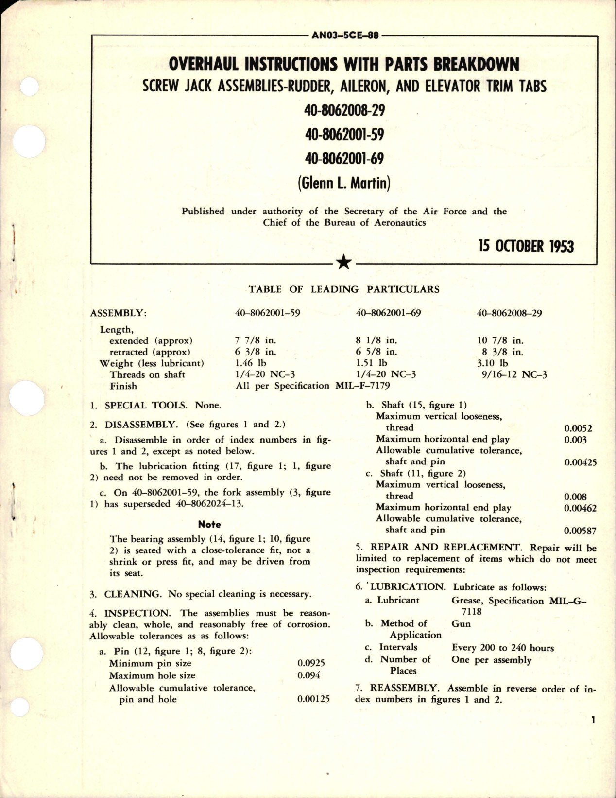 Sample page 1 from AirCorps Library document: Overhaul Instructions with Parts Breakdown for Rudder, Aileron, Elevator Trim Tabs, and Screwjack Assembly 