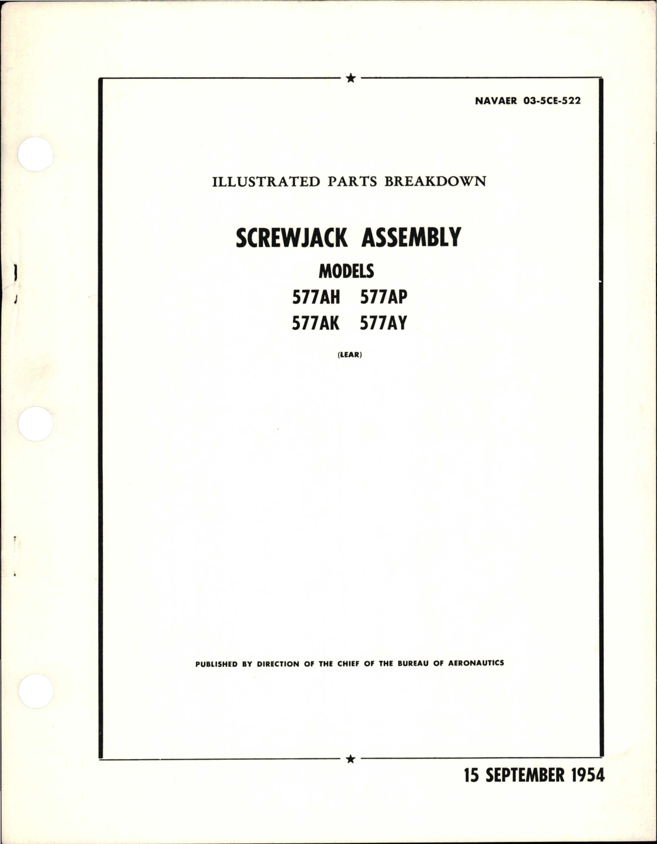 Sample page 1 from AirCorps Library document: Illustrated Parts Breakdown for Screwjack Assembly - Models 577AH, 577AK, 577AP, and 577AY 