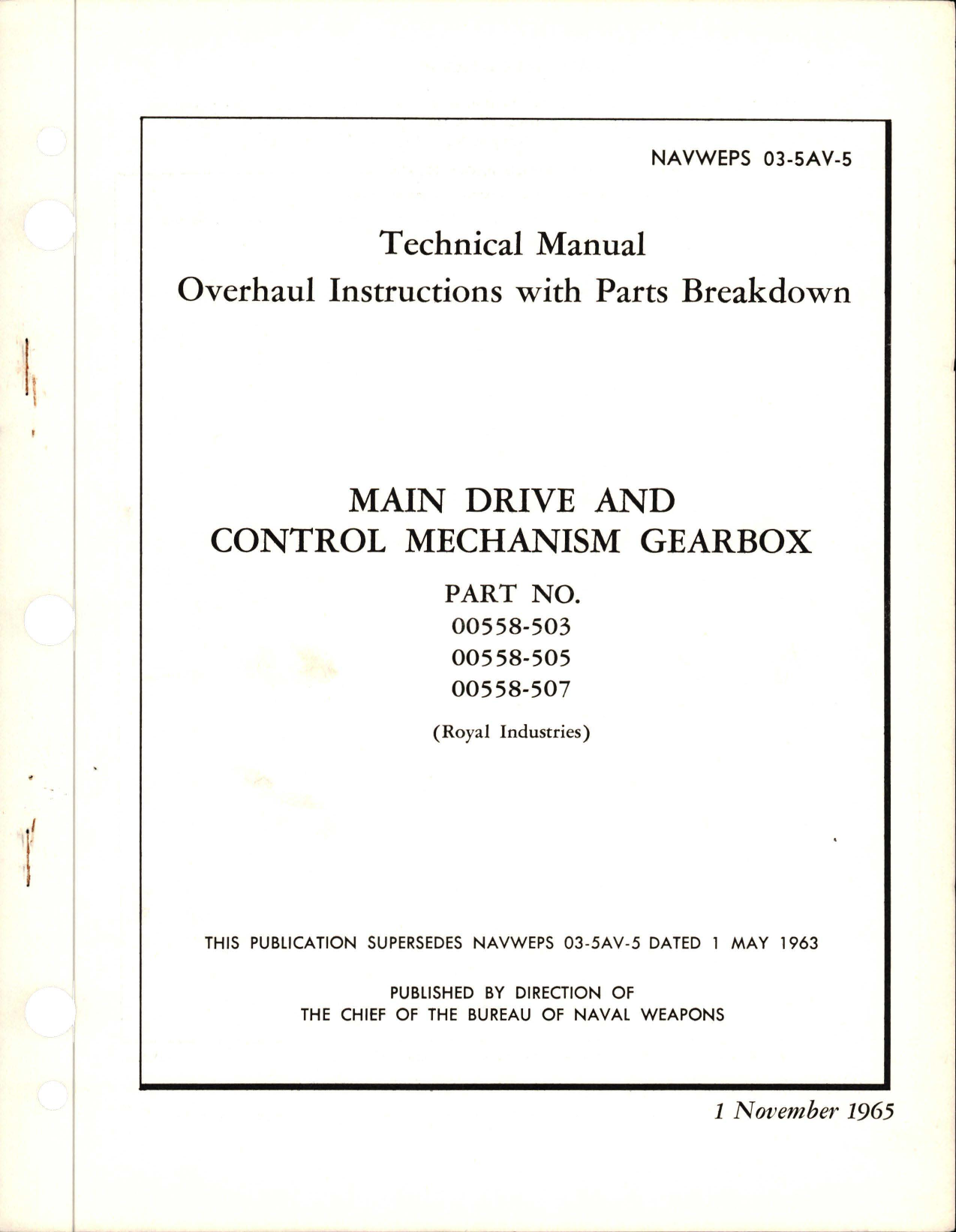 Sample page 1 from AirCorps Library document: Overhaul Instructions with Parts Breakdown for Main Drive and Control Mechanism Gearbox - Parts 00558-503, 00558-505, and 00558-507