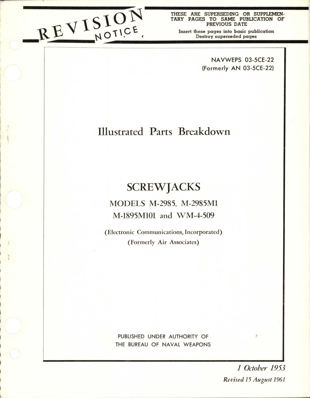 Sample page 1 from AirCorps Library document: Revision to Illustrated Parts Breakdown for Screwjacks - Models M-2985, M-2985M1, M-1895M101, and WM-4-509