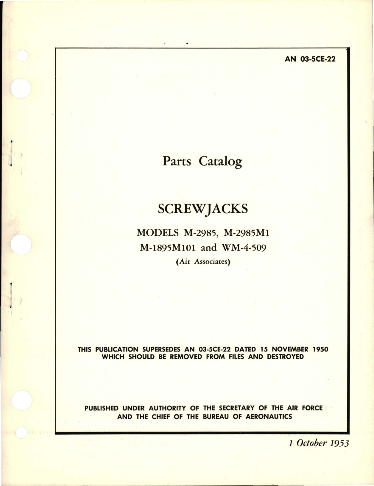 Sample page 1 from AirCorps Library document: Parts Catalog for Screwjacks - Models M-2985, M-2985M1, M-1895M101, and M-4-509