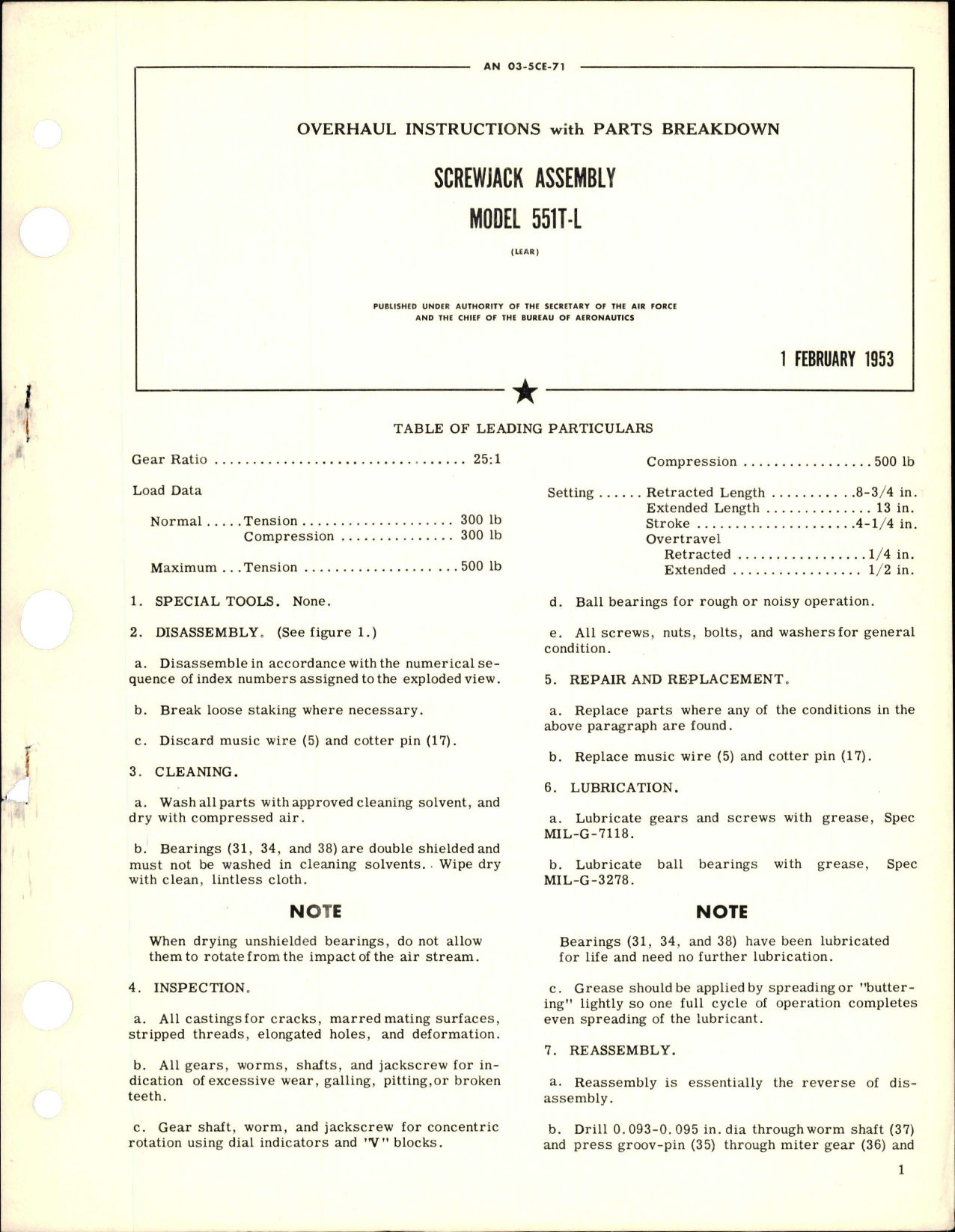 Sample page 1 from AirCorps Library document: Overhaul Instructions with Parts Breakdown for Screwjack Assembly - Model 551T-L 