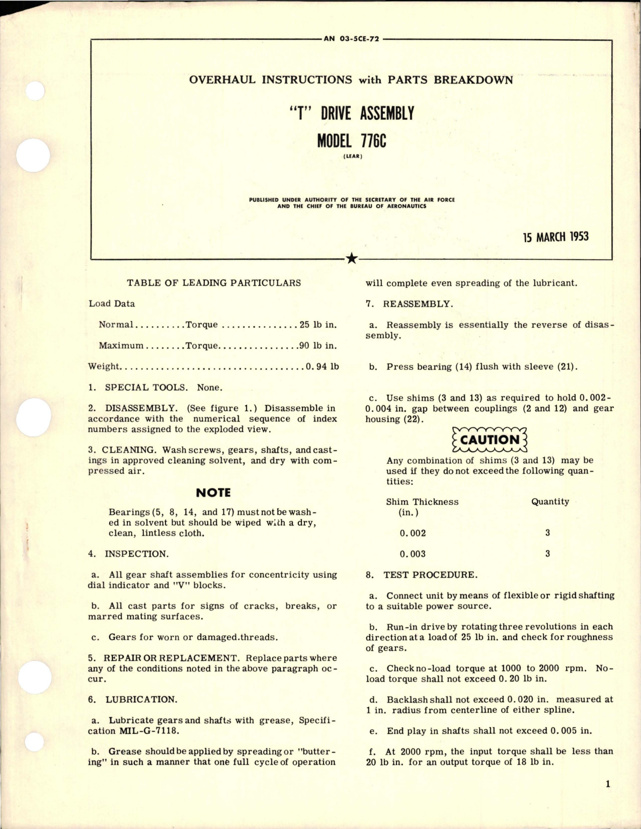 Sample page 1 from AirCorps Library document: Overhaul Instructions with Parts Breakdown for T Drive Assembly - Model 776C 