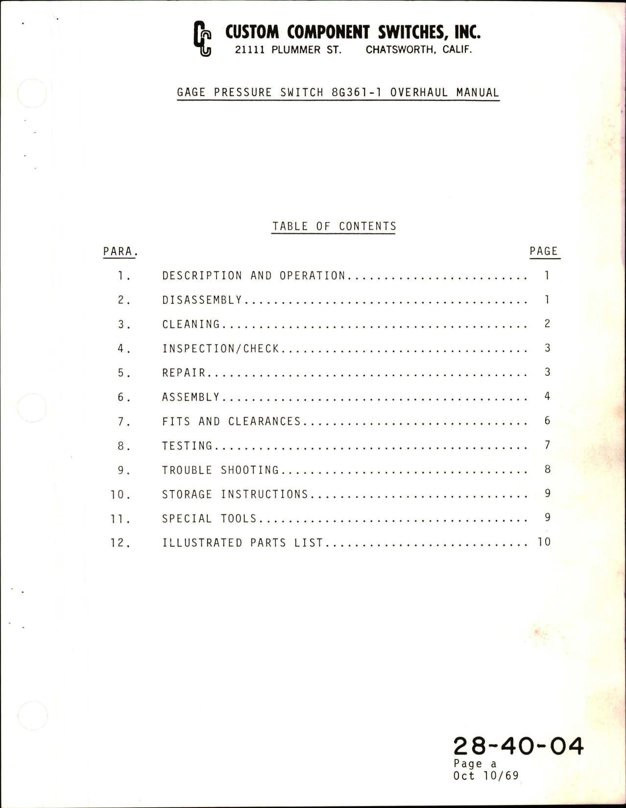 Sample page 1 from AirCorps Library document: Overhaul Manual for Gage Pressure Switch - 8G361-1