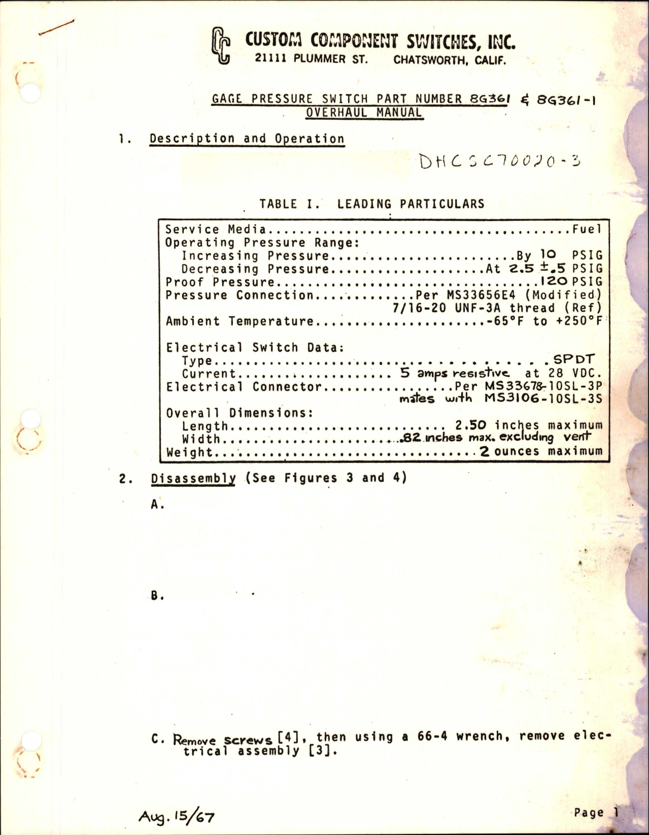 Sample page 1 from AirCorps Library document: Overhaul Manual for Gage Pressure Switch - Part 8G361 and 8G361-1