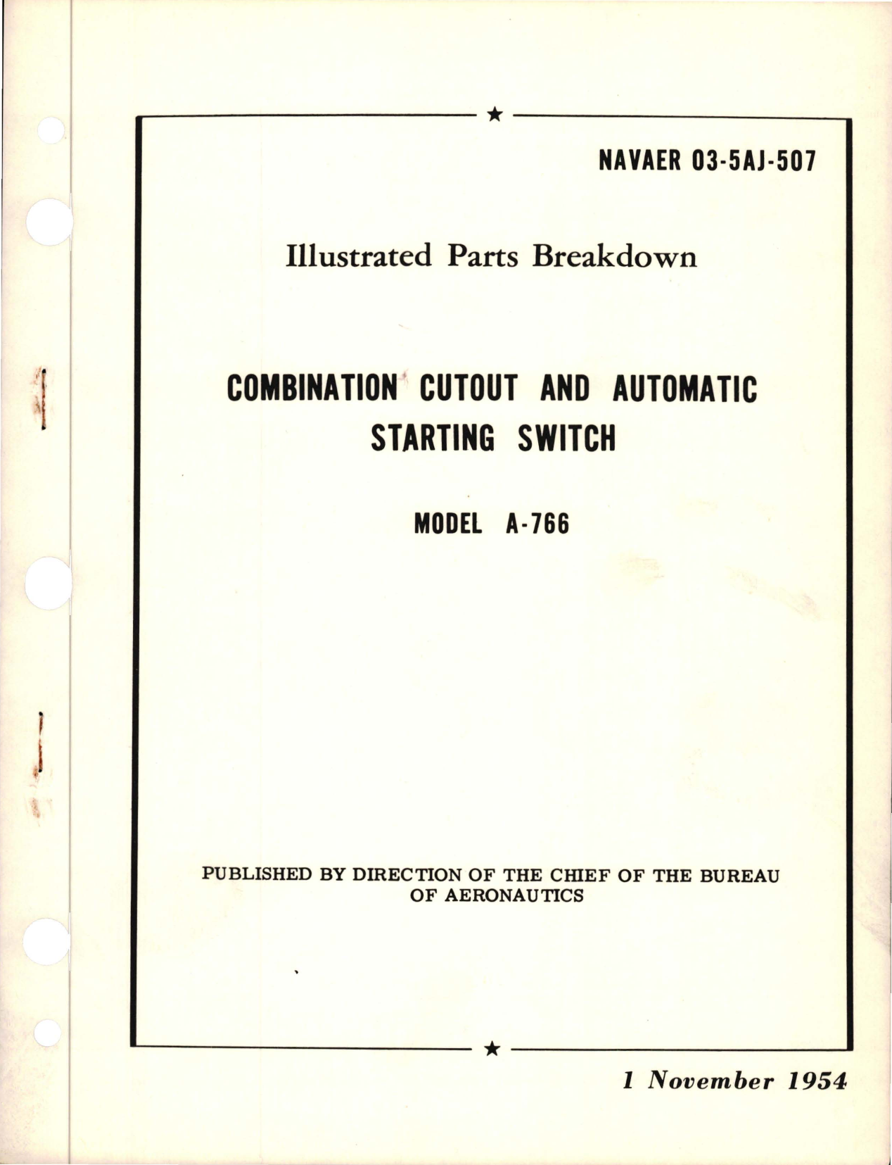 Sample page 1 from AirCorps Library document: Illustrated Parts Breakdown for Combination Cutout and Automatic Starting Switch - Model A-766 